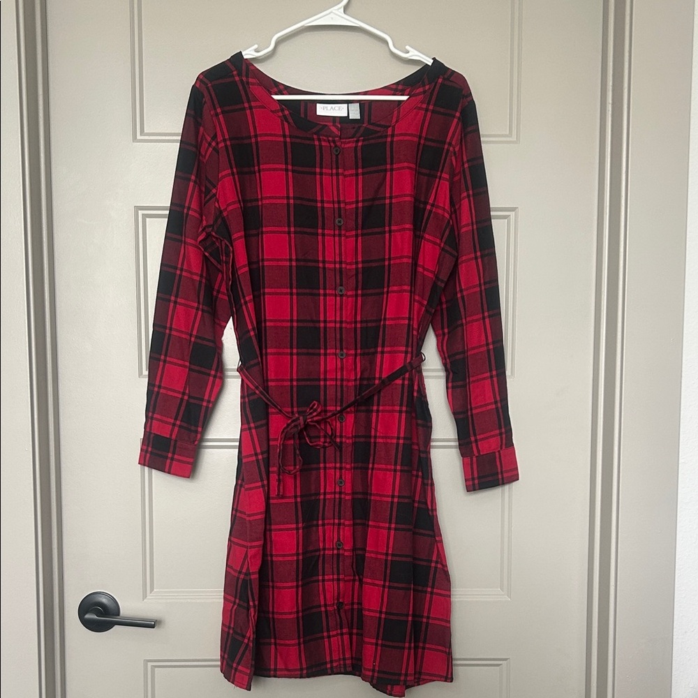 Place Red Black Plaid Womens M Long Sleeve Dress tie waist buttons fall